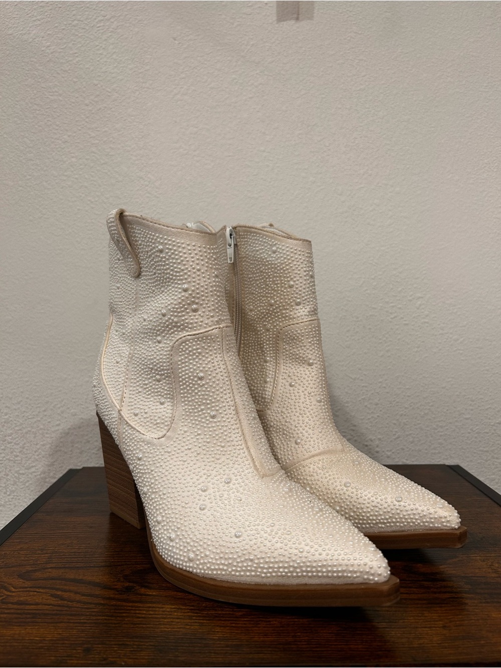 MIA Pearl-Embellished Cream Pointed Toe Western Ankle Boots